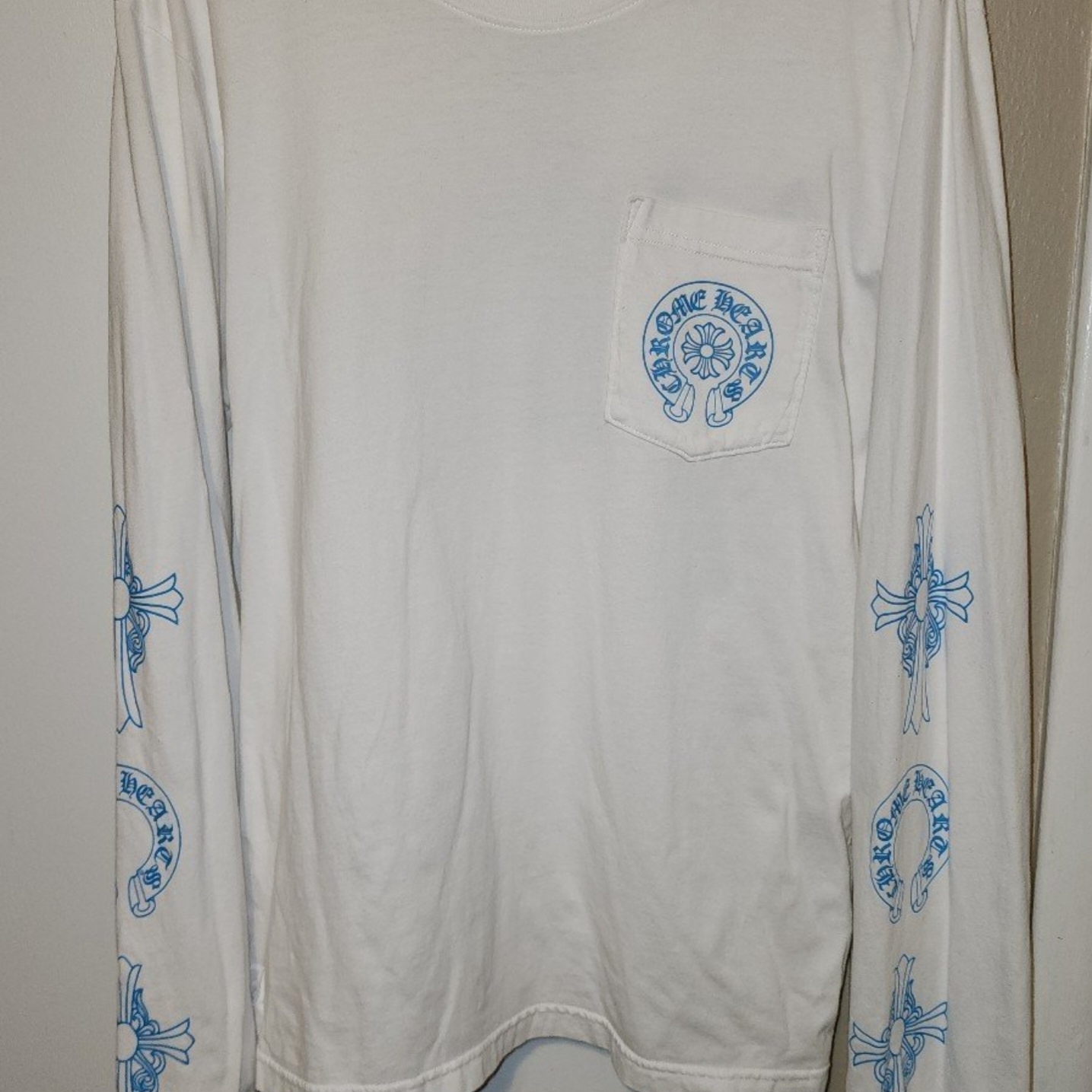 White Long Sleeve Shirt With Blue Graphics